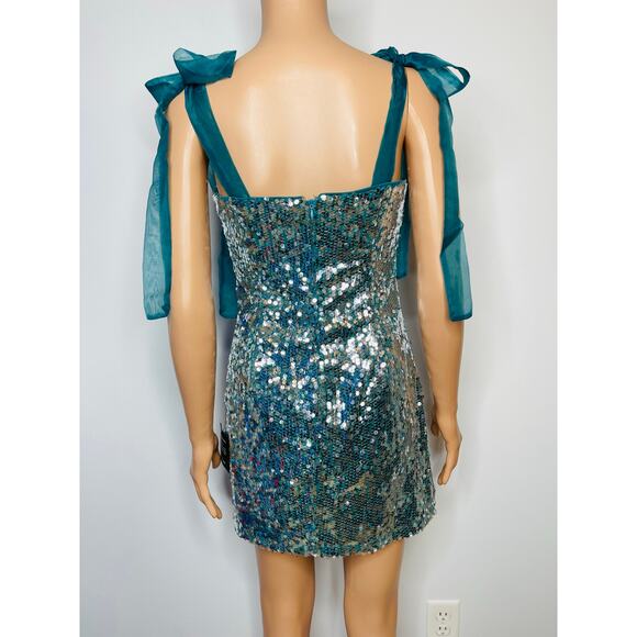 Lulus Dazzling Spectacle Teal and Silver Sequin Mini Dress Tie-Strap size S New - Picture 8 of 11